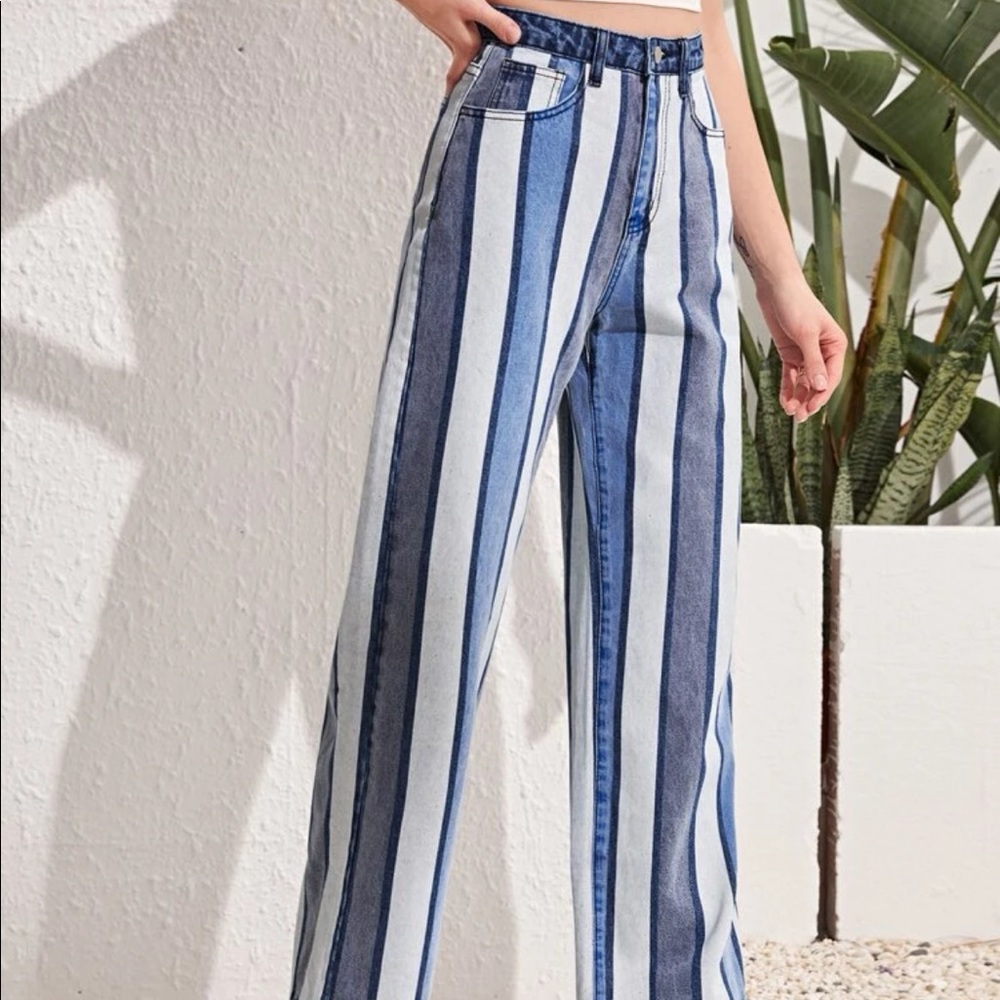 Stripe statement denim jeans flare let high waist
